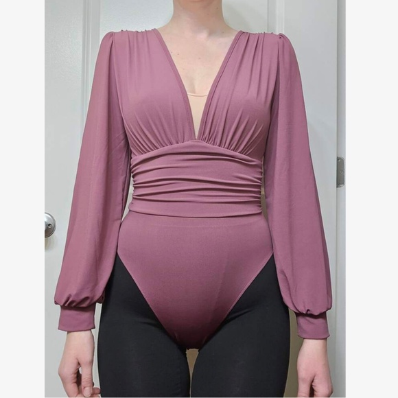 Dusty Mauve Elegant V neck Bodysuit Long Bishop Sleeves Stretchy Ruched Waist - Picture 9 of 10